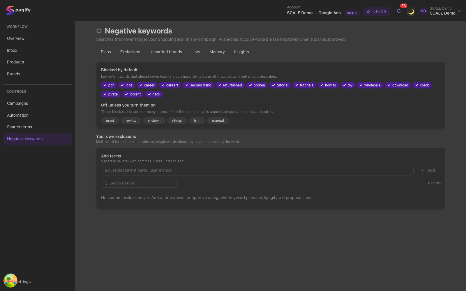 Spagify Negative keywords hub with the Exclusions tab open